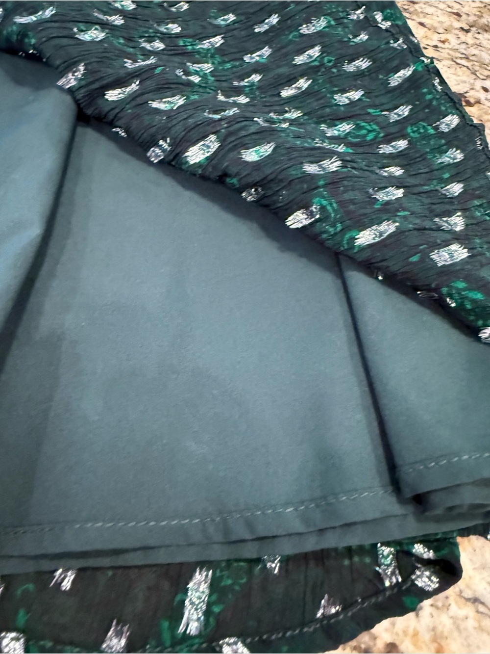 Loft fit & flare dress forest green & floral metallic pattern SZ M - Picture 6 of 14